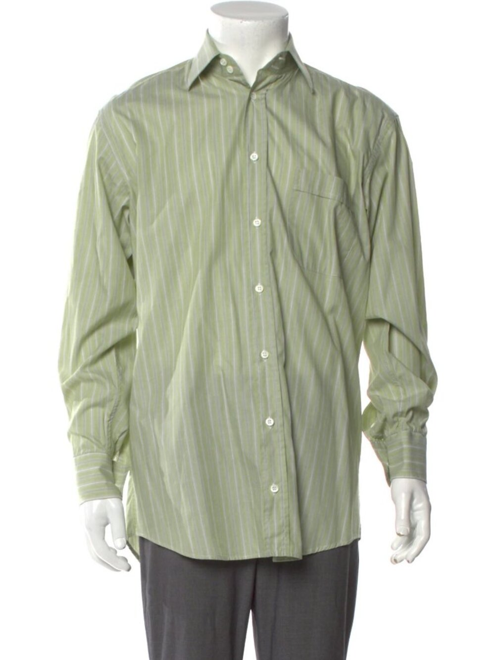 Luciano Barbera Green Stripped Dress Shirt with One-Button Rounded Cufss / 19126